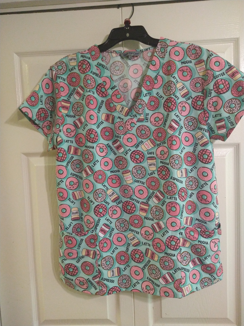 Mint Green & Pink Donut Print V-Neck Scrub Top